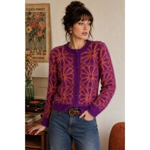 Berlin Original Vintage 80s Fuzzy Cardigan Sweater Womens S Purple Orange Floral